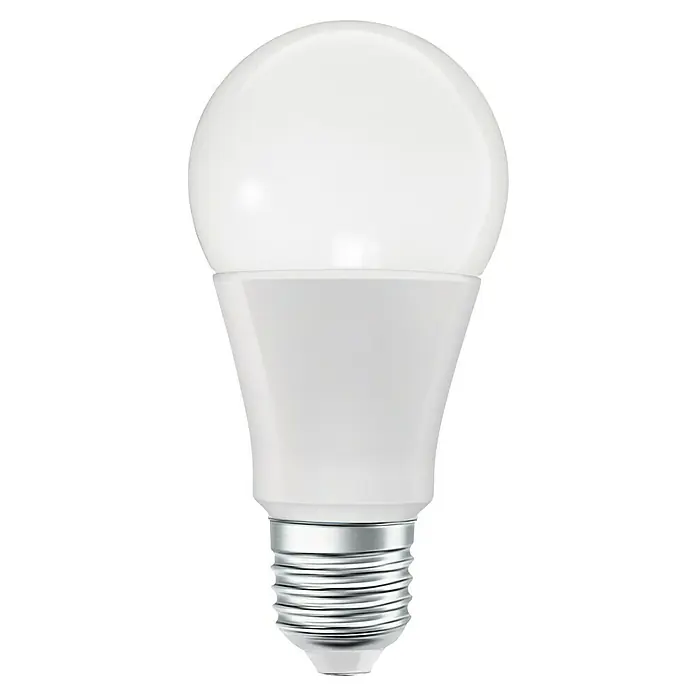 Osram Smart+ Smart-LED-Lampe matter - E27, Dimmbar, RGBW, 806 lm, 9 W, 3 Stk. - Diese Aufnahme zeigt eine LED-Glühbirne mit einem E27-Sockel und einem milchig-weißen Lampenschirm auf schwarzem Hintergrund.