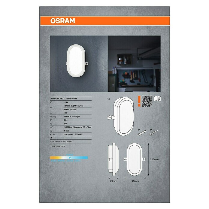 Osram LED zunanja stenska svetilka  (11 W, 216 x 14,3 x 79 cm, Bela, IP54) | 3095 - Kellerlicht | CAKA - Zweckleuchten | CAK - Technisches Licht | CA - Beleuchtung | C - Elektro | BAUHAUS