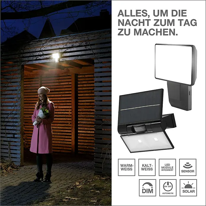 Osram Solar-Außenwandleuchte Endura Flood - 2,9 W, L x B x H: 16 x 11 x 17,2 cm, Dunkelgrau, IP44, 380 lm, Lichtfarbe: Warmweiß - Produktbild einer solarbetriebenen Außenleuchte mit Bewegungssensor, die eine Frau auf einem Gehweg beleuchtet.