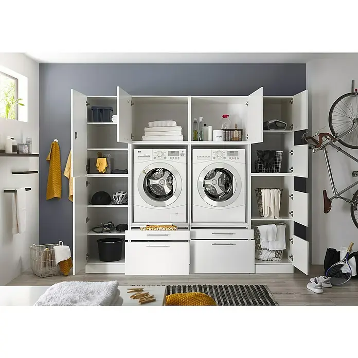 Respekta Waschmaschinenschrank Clara - L x B: 67,6 x 234,8 cm, Weiß, Mit zwei Waschmaschinenschränke, Wäscheschrank & Hochschrank - Waschküche mit Waschmaschine, Trockner und viel Stauraum in weißen Schränken für Wäsche und andere Utensilien. Praktisch und ordentlich!