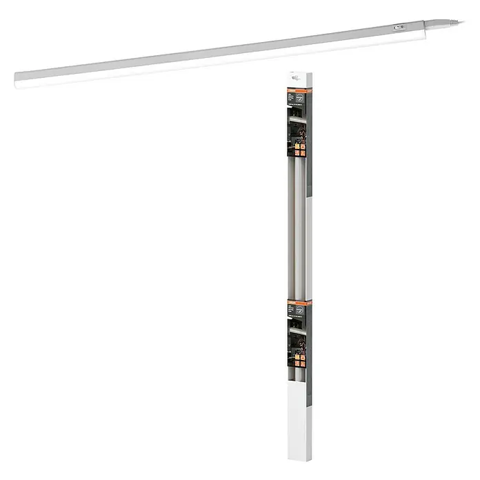 Osram LED-Lichtleiste Switch Batten - L x B x H: 87,3 x 2,2 x 3 cm, Lichtfarbe: Warmweiß, 10 W - Detailaufnahme einer OSRAM LED-Röhrenleuchte in Verpackung, die an einer Decke montiert ist. Das Produkt ist elegant und modern.