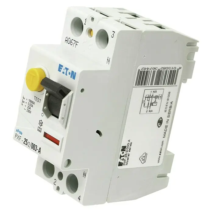 Eaton Sicherungsautomat xPole PXF-25/2/003-A - Polanzahl: 2 Stk., Weiß - Ein Eaton xPole Fehlerstrom-Schutzschalter (FI-Schalter) PxF-25/2/003-A, der Stromkreise vor gefährlichen Fehlerströmen schützt.