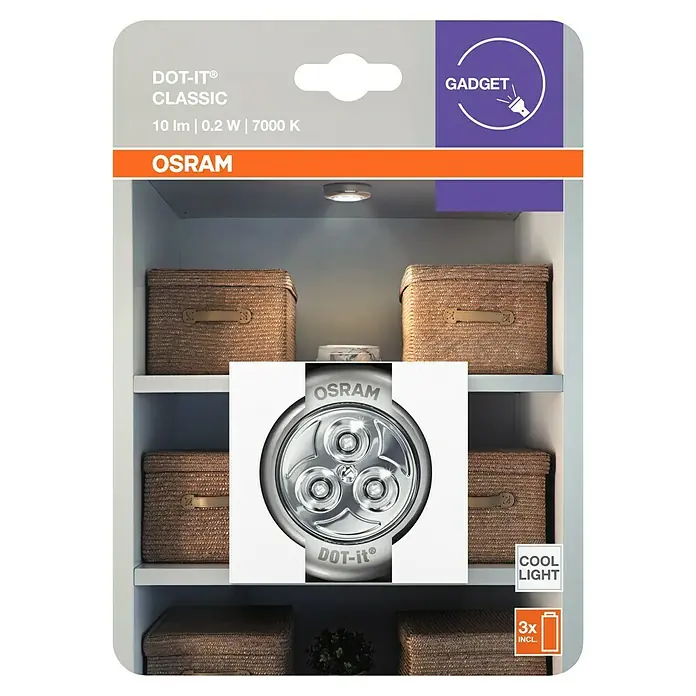 Osram DOT-it LED-Schrankleuchte Classic - 0,23 W, 10 lm - Das Bild zeigt eine OSRAM DOT-IT® CLASSIC Lampe, ein praktisches Gadget für den Innenbereich, das mit Batterien betrieben wird und ein kühles Licht bietet.