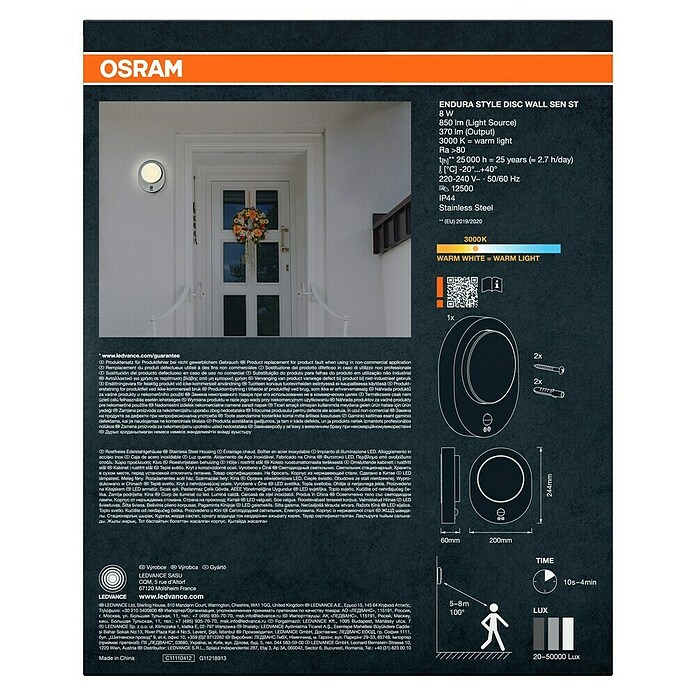 Osram LED zunanja stenska svetilka Endura Disc  (8 W, 24,4 x 20 x 6 cm, Srebrna, IP44) | 3079 - Wandleuchte outdoor mit Bewegungsmelder | CAJA - Outdoorleuchten Hochvolt | CAJ - Outdoorleuchten | CA - Beleuchtung | C - Elektro | BAUHAUS