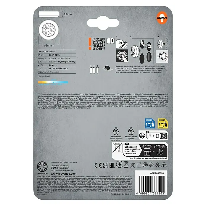 Osram DOT-it LED-Schrankleuchte Classic - 0,23 W, 10 lm - Verpackungsrückseite des LEDVANCE DOT-IT CLASSIC SI, einem runden LED-Licht mit 68mm Durchmesser und Batteriebetrieb.