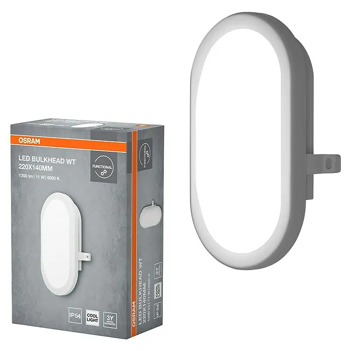 Osram LED-Außenwandleuchte Bulkhead - 11 W, 216 x 14,3 x 79 cm, Weiß, IP54 - Das Bild zeigt eine Osram LED-Feuchtraumleuchte (220x140mm) und die dazugehörige Verpackung. Die Leuchte ist weiß und hat eine längliche Form.