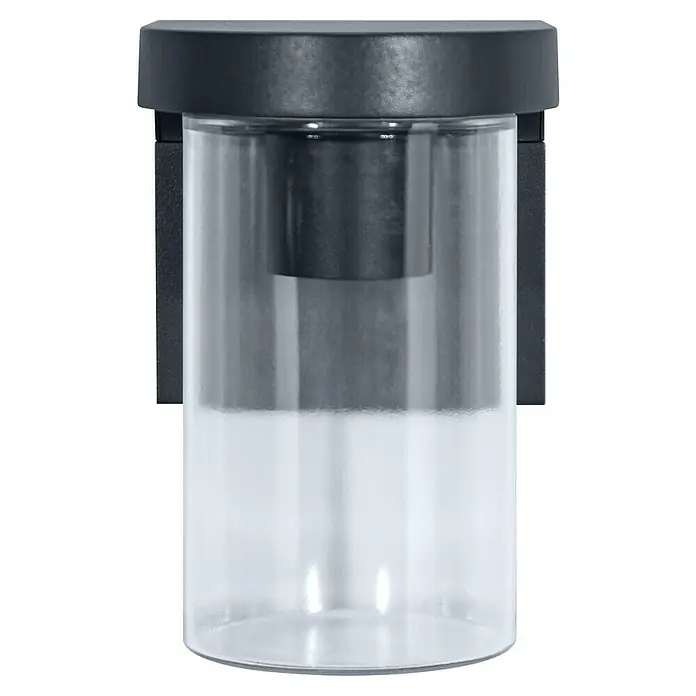 Osram Aplique exterior Cascade Wall - 16 x 12 x 18 cm, Plata, IP44 - Un aplique cilíndrico de exterior con difusor de vidrio transparente y soporte negro, que ofrece un diseño moderno y elegante.