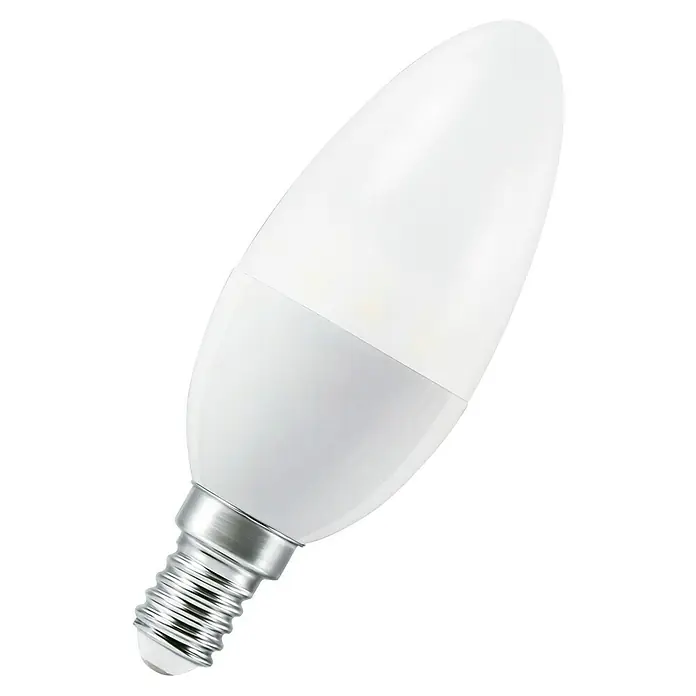 Osram Smart+ Smart-LED-Lampe Kerze matter - E14, Dimmbar, RGBW, 470 lm, 4,9 W, 3 Stk. - Nahaufnahme einer LED-Lampe in Kerzenform mit kleinem Schraubsockel, ideal für dekorative Beleuchtung und Energieeffizienz.
