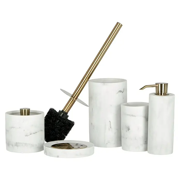 Camargue Zahnputzbecher Marmel - Polyresin, Weiß - Marmor-Badezimmer-Set mit Seifenspender, Becher, Seifenschale, Toilettenbürste und Behälter für ein stilvolles Badezimmer.