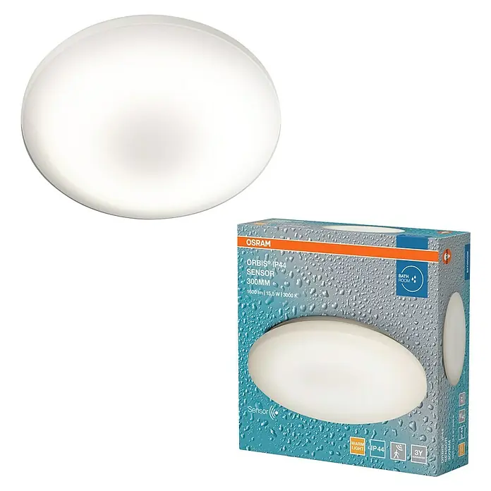 Osram LED-Sensor-Deckenleuchte rund Silara - 17 W, Ø x H: 30 x 8,5 cm, Warmweiß, Bad - Bild eines OSRAM ORBIS IP44 Sensor 300MM LED-Leuchtenprodukts mit Verpackung, geeignet für Badezimmer, mit warmweißem Licht und Bewegungssensor.