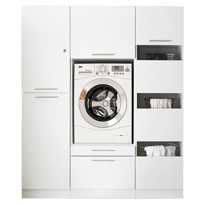 Respekta Waschmaschinenschrank Clara - L x B: 67,6 x 167,4 cm, Weiß, Mit Waschmaschinenschrank, Wäscheschrank & Hochschrank - Waschmaschine und Trockner sind in eine elegante, moderne weiße Schrankwand integriert, die zusätzlichen Stauraum bietet.