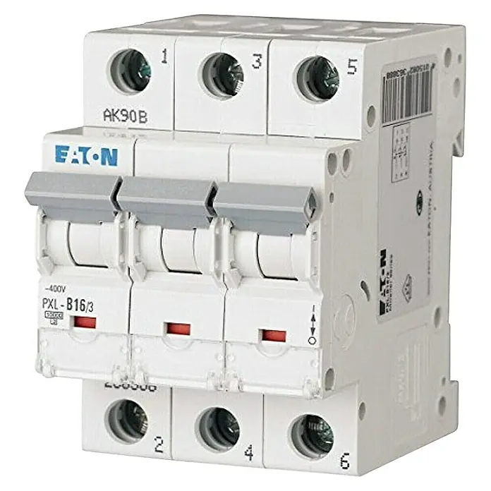 Eaton Sicherungsautomat xPole PXL-B16/3 - Auslösecharakteristik: B - Ein dreipoliger Eaton PXL-B16/3 Leitungsschutzschalter mit den Anschlüssen 1, 3, 5 oben und 2, 4, 6 unten für den Schutz von Stromkreisen.