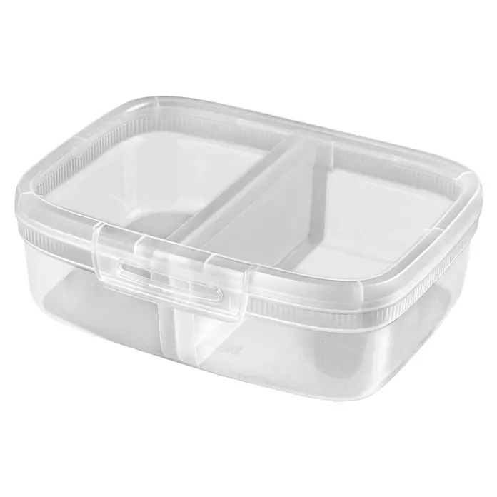 Curver Lunchbox Snapbox - L x B x H: 22,3 x 17,3 x 7,1 cm, Transparent - Transparente, rechteckige Lunchbox mit zwei Fächern und Verschluss. Ideal für unterwegs, um Speisen getrennt zu halten.
