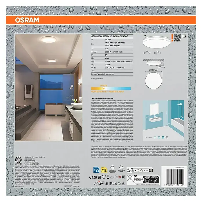 Osram LED-Sensor-Deckenleuchte rund Silara - 17 W, Ø x H: 30 x 8,5 cm, Warmweiß, Bad - OSRAM ORBIS IP44 300MM 15.5W 830 SENSOR. Das Produkt ist ein Warmweißes LED-Deckenleuchte, ideal für Badezimmer mit IP44 Schutzart.