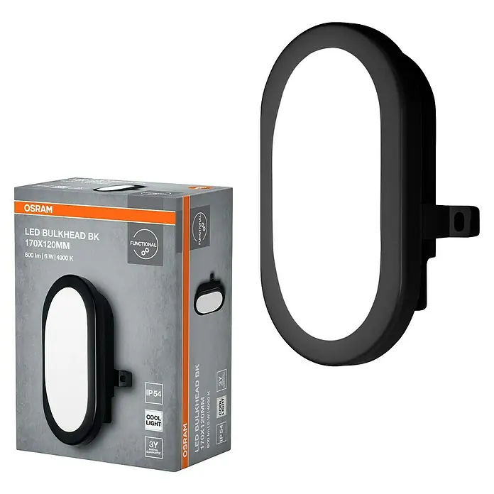 Osram LED-Außenwandleuchte Bulkhead - 5,5 W, 117 x 16,8 x 70 cm, Schwarz, IP54 - Produktbild einer Osram LED-Bulkhead-Leuchte (170x120mm) mit 600 lm, 6 W und 4000 K, zusammen mit der Produktverpackung.