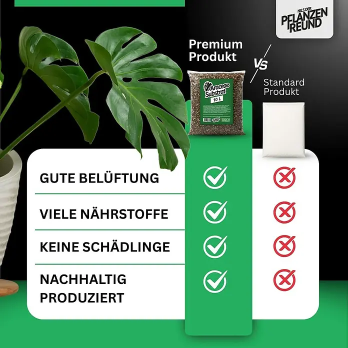 Pflanzensubstrat Araceaesubstrat - 10 l - Vergleich zwischen Premium- und Standard-Substrat für Pflanzen, hervorgehoben durch Symbole für Belüftung, Nährstoffe und Schädlingsfreiheit.