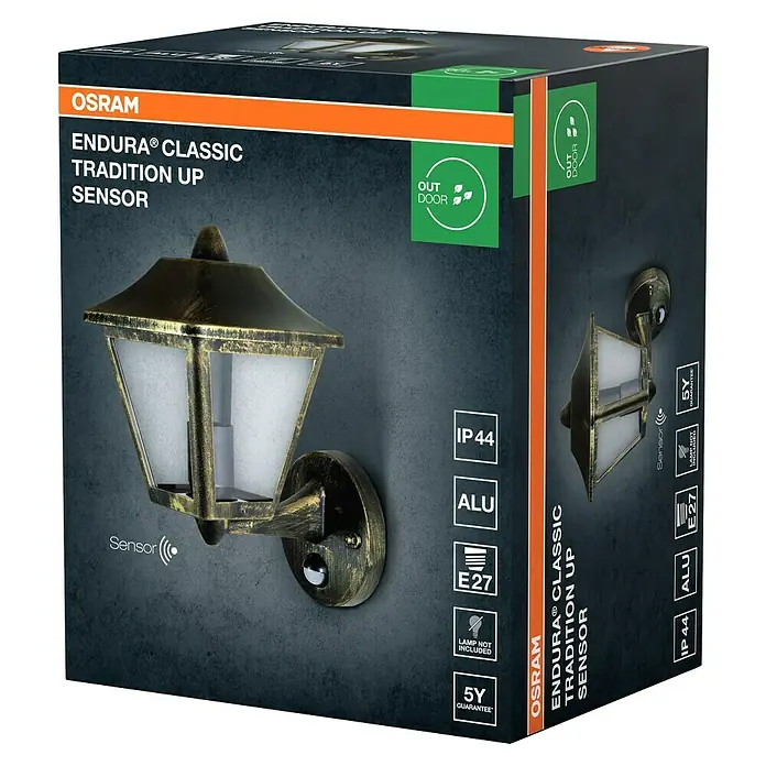 Osram Aplique exterior con sensor Endura - L x An x Al: 23 x 17 x 28 cm, IP44 - Embalaje de la luz exterior OSRAM ENDURA® Classic Tradition UP Sensor, que ofrece una solución de iluminación elegante controlada por sensor.