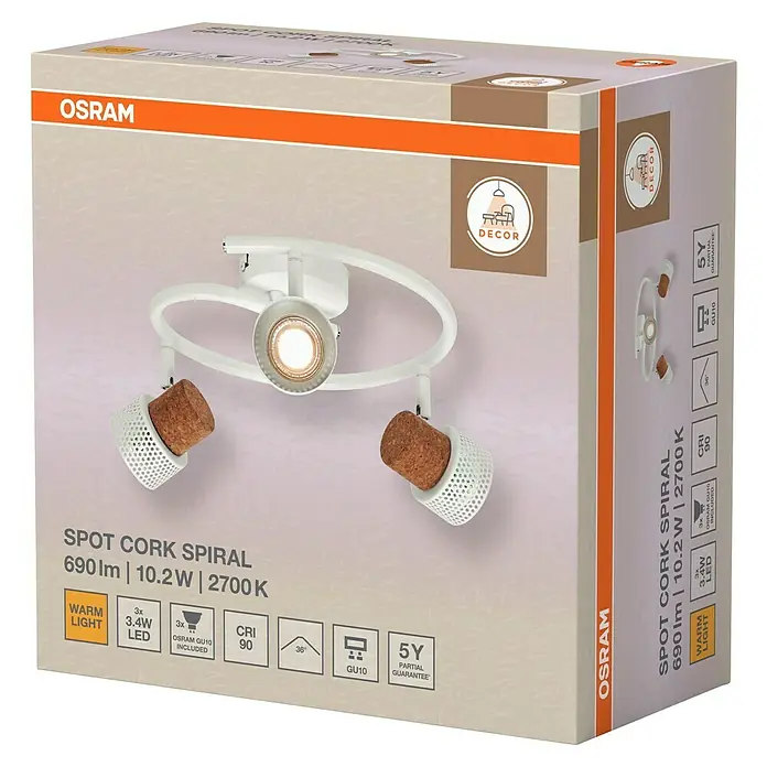 Osram Regleta Cork - 10,2 W, L x An x Al: 31,8 x 29,3 x 13,6 cm, Blanco, GU10 - Embalaje de la luminaria Osram Spot Cork Spiral, que muestra detalles técnicos como 690lm, 10.2W y temperatura de color de 2700K.
