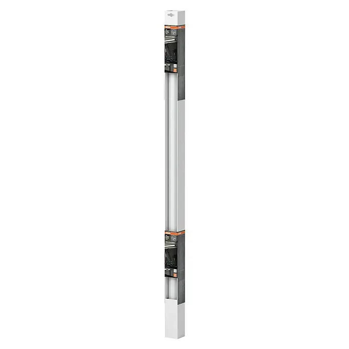 Osram LED-Lichtleiste Power Batten - L x B x H: 120 x 4,1 x 4,8 cm, Lichtfarbe: Kaltweiß, 24 W, 220 V - 240 V - Ein schlanker weißer Küchenschrank mit minimalistischem Design und orangefarbenen Akzenten. Moderne Kücheneinrichtung mit klaren Linien.