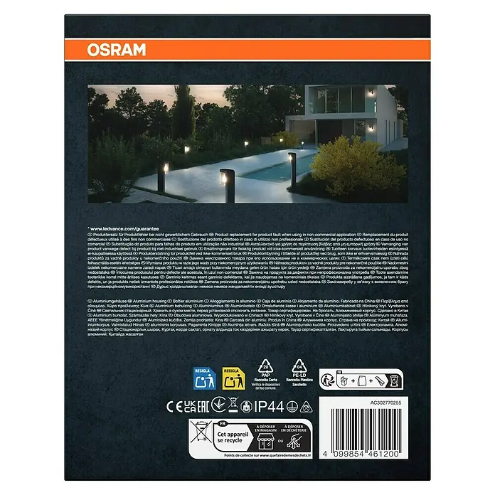 Osram Aplique exterior Cascade Wall - 16 x 12 x 18 cm, Plata, IP44 - Embalaje del producto.