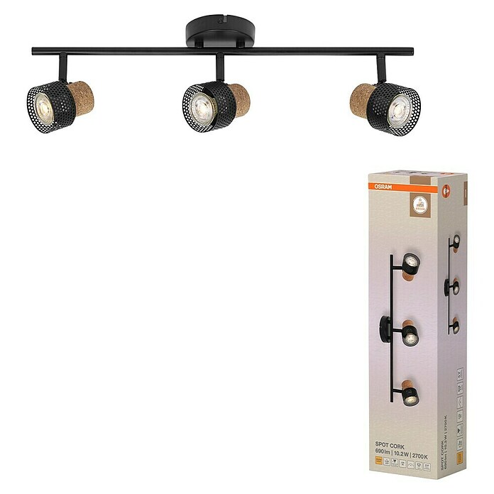 Osram Foco de pared Cork (10,2 W, L x An x Al: 57,7 x 10 x 13,6 cm, Negro, GU10, 3 ud.) | BAUHAUS