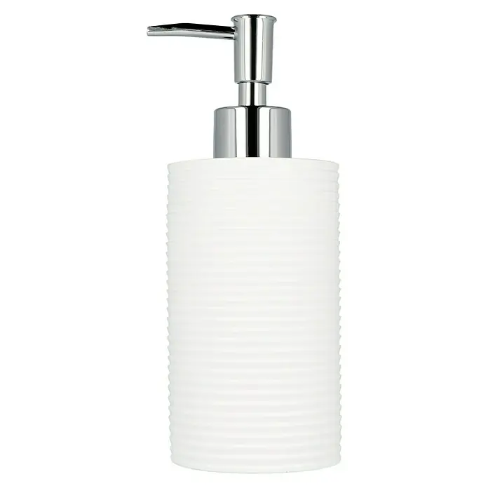 Venus Seifenspender Filler - Polyresin, Weiß - Detailaufnahme eines weißen Seifenspenders mit Rillenmuster und glänzendem Chrompumpe.