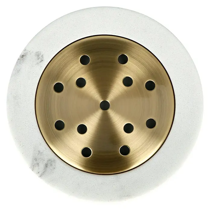 Camargue Seifenschale Marmel - Polyresin, Weiß/Gold - Dieser runde Abflussdeckel kombiniert einen goldenen Einsatz mit einem marmorierten weißen Rand für einen eleganten Look.