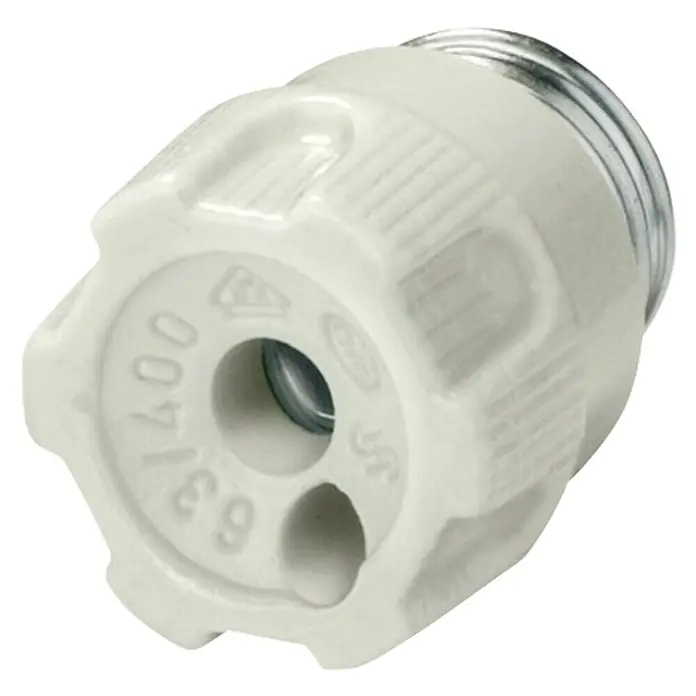 Siemens Neozed-Schraubkappen Sentron 5SH4317 - Nennspannung: 400 V, Größe: D01 - Nahaufnahme einer weißen, runden E27-Fassung mit Metallgewinde, ideal für Lampenbau und Beleuchtungsprojekte.