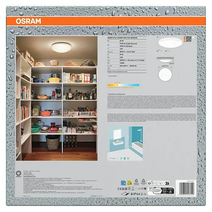 Osram LED-Sensor-Deckenleuchte rund Silara - 22 W, Ø x H: 40 x 8,8 cm, Warmweiß, Bad - Produktverpackung der Osram Orbis IP44 400MM 25W 830 Sensor LED-Leuchte. Das Produkt ist eine runde Deckenleuchte mit warmweißem Licht.