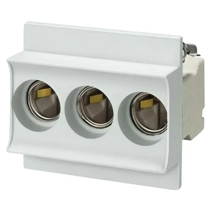 Siemens Neozed-Sockel Sentron 5SG5653 - 63 A, 400 V, Polanzahl: 3 Stk., Größe: D02 - Eine weiße Unterputzdose mit drei Steckplätzen für elektrische Anschlüsse, ideal für moderne Installationen.