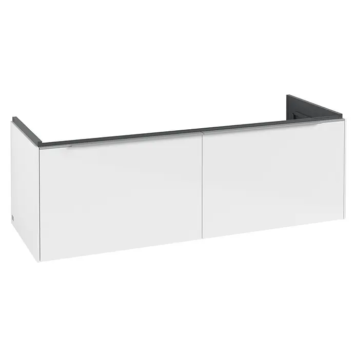 Villeroy & Boch Subway 3.0 Waschbeckenunterschrank - Brilliant White, Anzahl Schubladen: 2 Stk., Farbe Griff: Aluminium glänzend, B x T x H: 127,2 x 47,8 x 42,9 cm, Ohne Beleuchtung, Geeignet für Doppelwaschtisch - Produktaufnahme eines stilvollen Spritzschutzes in Weiß und Grau. Zeitloses Design für moderne Badezimmer.