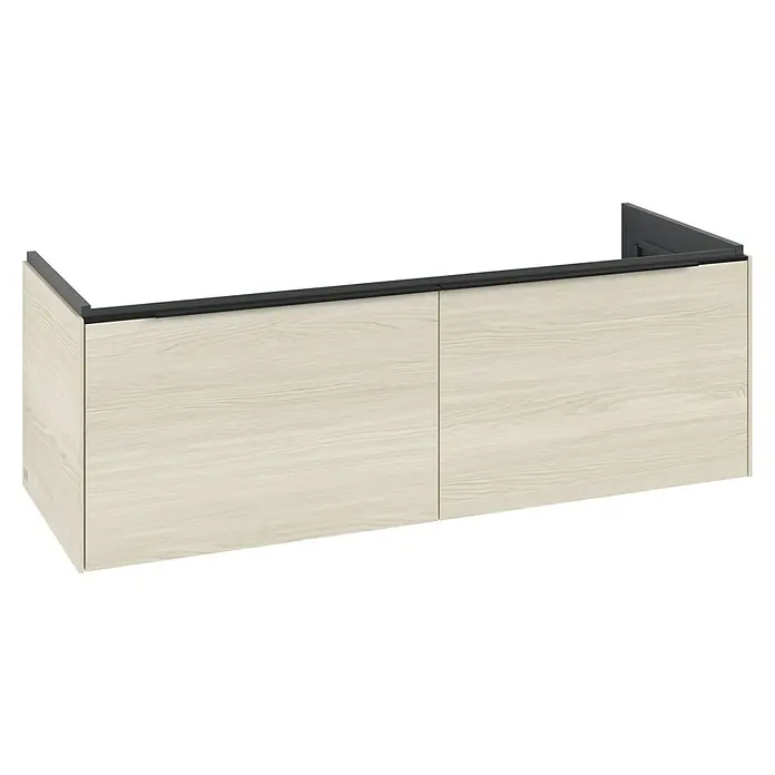 Villeroy & Boch Subway 3.0 Waschbeckenunterschrank - White Oak, Anzahl Schubladen: 2 Stk., Farbe Griff: Volcano Black, B x T x H: 127,2 x 47,8 x 42,9 cm, Ohne Beleuchtung, Geeignet für Doppelwaschtisch - Moderne Badezimmereinheit mit hellen Holzfronten und schwarzem Rahmen, ideal für stilvolle Badezimmer. Zeitloses Design und hochwertige Verarbeitung.