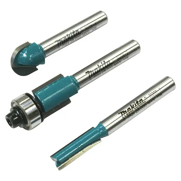 Makita Fräser-Set D-30209 - Durchmesser Schaft: 6 mm, 3 -tlg. - Drei Makita-Fräser für Holzbearbeitung. Geeignet für verschiedene Fräsarbeiten mit hoher Präzision und langer Lebensdauer.