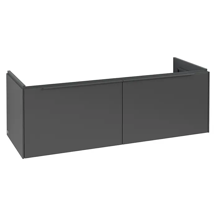 Villeroy & Boch Subway 3.0 Waschbeckenunterschrank - Graphite, Anzahl Schubladen: 2 Stk., Farbe Griff: Monochrom, B x T x H: 127,2 x 47,8 x 42,9 cm, Ohne Beleuchtung, Geeignet für Doppelwaschtisch - Ein dunkler, moderner Badezimmerschrank mit zwei Türen und einem langen, horizontalen Griff, ideal für stilvolle Badezimmergestaltungen.