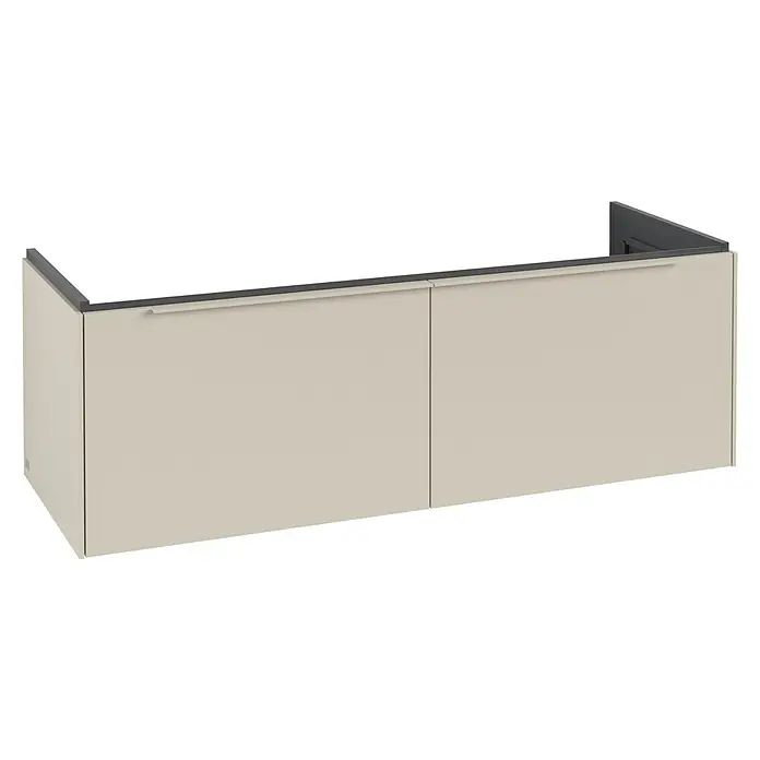 Villeroy & Boch Subway 3.0 Waschbeckenunterschrank - Cashmere Grey, Anzahl Schubladen: 2 Stk., Farbe Griff: Monochrom, B x T x H: 127,2 x 47,8 x 42,9 cm, Ohne Beleuchtung, Geeignet für Doppelwaschtisch - Elegantes Aufsatzwaschbecken mit zwei sanft beigen Schranktüren und einer stilvollen, dunklen Ablage für ein modernes Badambiente.