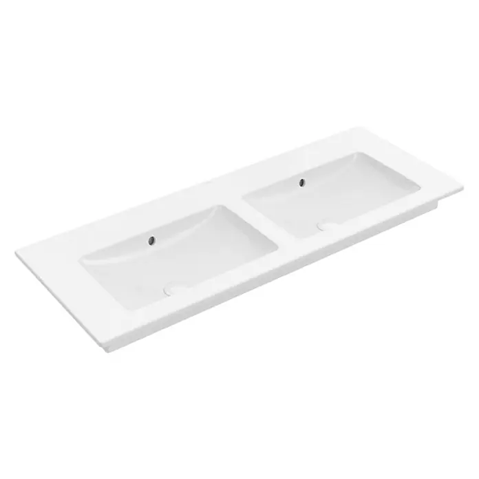 Villeroy & Boch Venticello Doppelwaschtisch - 130 x 50 cm, Ohne Spezialglasur, Ohne Hahnloch, Mit Überlauf, Weiß - Doppelwaschtisch aus Keramik in Weiß mit rechteckiger Form und zwei Becken für ein modernes Badezimmerdesign.