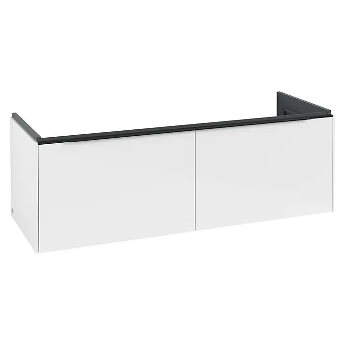 Villeroy & Boch Subway 3.0 Waschbeckenunterschrank - Brilliant White, Anzahl Schubladen: 2 Stk., Farbe Griff: Volcano Black, B x T x H: 127,2 x 47,8 x 42,9 cm, Ohne Beleuchtung, Geeignet für Doppelwaschtisch - Ein schicker, weißer Badezimmerschrank mit dunklen Akzenten. Ideal, um jedem Badezimmer einen Hauch von Eleganz und Funktionalität zu verleihen.
