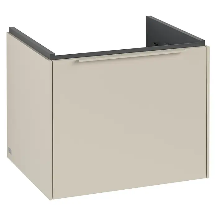 Villeroy & Boch Subway 3.0 Waschbeckenunterschrank - Cashmere Grey, Anzahl Schubladen: 1 Stk., Farbe Griff: Monochrom, B x T x H: 52,3 x 44,8 x 42,9 cm - Ein cremefarbener Waschbeckenunterschrank mit Schublade und dunkler Abdeckung bietet stilvollen Stauraum im Badezimmer.