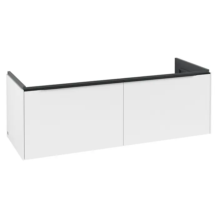 Villeroy & Boch Subway 3.0 Waschbeckenunterschrank - Pure White, Anzahl Schubladen: 2 Stk., Farbe Griff: Volcano Black, B x T x H: 127,2 x 47,8 x 42,9 cm, Ohne Beleuchtung, Geeignet für Doppelwaschtisch - Produktaufnahme eines weißen Badschranks mit einem dunklen Rahmen, der einen modernen und minimalistischen Stil verkörpert.
