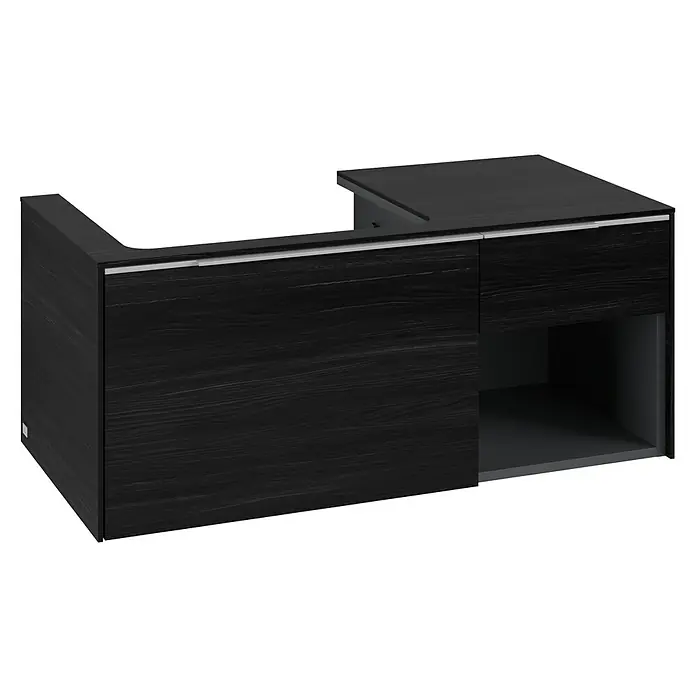 Villeroy & Boch Subway 3.0 Waschbeckenunterschrank - Black Oak, Anzahl Schubladen: 2 Stk., Farbe Griff: Aluminium glänzend, B x T x H: 100,1 x 51,6 x 42,3 cm, Offenes Fach rechts - Elegantes, schwarzes Waschbecken mit stilvoller Holzstruktur und praktischem Stauraum für jedes Badezimmer.