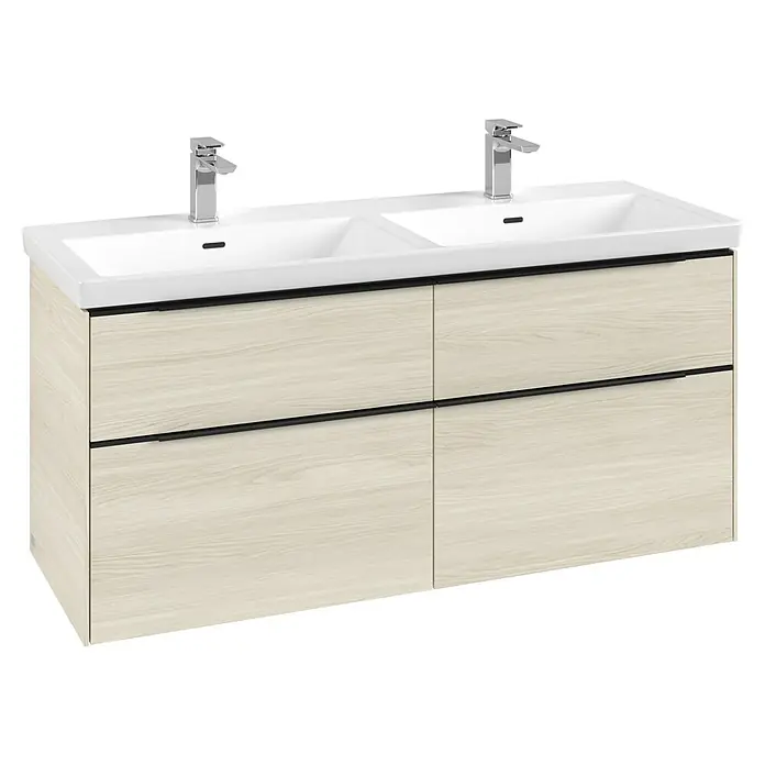 Villeroy & Boch Subway 3.0 Waschbeckenunterschrank - White Oak, Anzahl Schubladen: 4 Stk., Farbe Griff: Volcano Black, B x T x H: 127,2 x 47,8 x 57,6 cm, Mit Beleuchtung, Geeignet für Doppelwaschtisch - Ein Doppelwaschtisch mit Unterschrank in Holzoptik und weißen Waschbecken. Moderne Armaturen runden das Design ab.