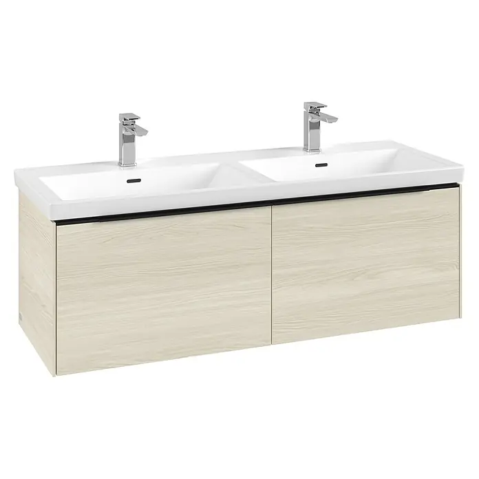 Villeroy & Boch Subway 3.0 Waschbeckenunterschrank - White Oak, Anzahl Schubladen: 2 Stk., Farbe Griff: Volcano Black, B x T x H: 127,2 x 47,8 x 42,9 cm, Mit Beleuchtung, Geeignet für Doppelwaschtisch - Ein moderner Doppelwaschtisch mit hellen Holzfronten und eleganten Armaturen. Perfekt für ein stilvolles Badezimmer.