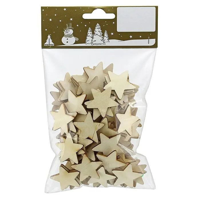 Geroma Deko-Stern - Holz, Braun, 130 Stk. - Eine Packung unbehandelter Holzsterne, ideal für Bastelprojekte und zur individuellen Gestaltung. Die Sterne sind in einer durchsichtigen Plastikverpackung.