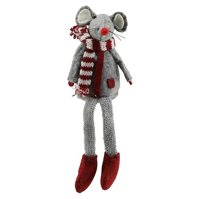 Geroma Dekofigur Maus - Textil, Maus - Graue Stoffmaus mit roter Nase, Schal und Stiefeln, ein niedliches Dekorationselement für Weihnachten oder als Geschenk für Kinder.