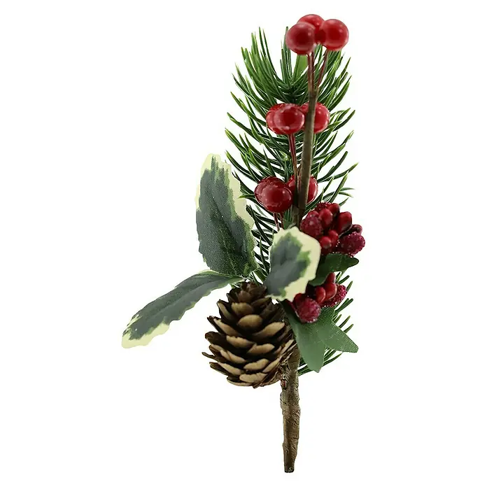 Geroma Dekoelement Tannenzweig mit Beeren - Länge: 18 cm, Grün/Rot, Kunststoff, 1 Stk. - Dekorative Weihnachtsbaumspitze mit Kiefernzweigen, roten Beeren, Stechpalmenblättern und einem kleinen Tannenzapfen.