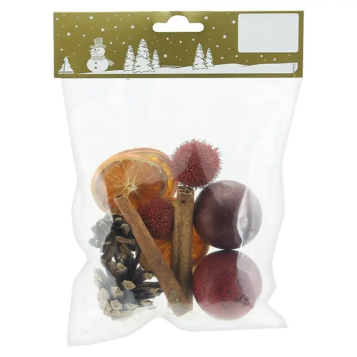 Geroma Dekoartikel Potpourri Natur - Nettomasse: 100 g, Rot, Orangenscheiben - Geroma Duftpotpourri im durchsichtigen Beutel, bestehend aus Zimtstangen, Orangenscheiben, Tannenzapfen und Potpourri Kugeln.
