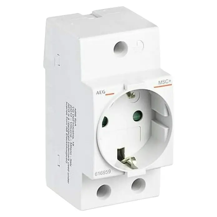 AEG Schutzkontaktsteckdose MSC+ SE - Weiß - Nahaufnahme eines AEG MSC+ Steckdoseneinsatzes, ein weißes, modulares Gerät für die Elektroinstallation mit Schutzkontaktsteckdose.