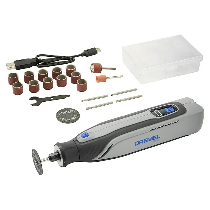 Dremel Akku-Multifunktionswerkzeug 8150-20 - 7,2 V, 1 Akku, 2 Ah - Das Dremel 8150 Akku-Multifunktionswerkzeug mit Zubehör für verschiedene Anwendungen wie Schleifen, Polieren und Schneiden.