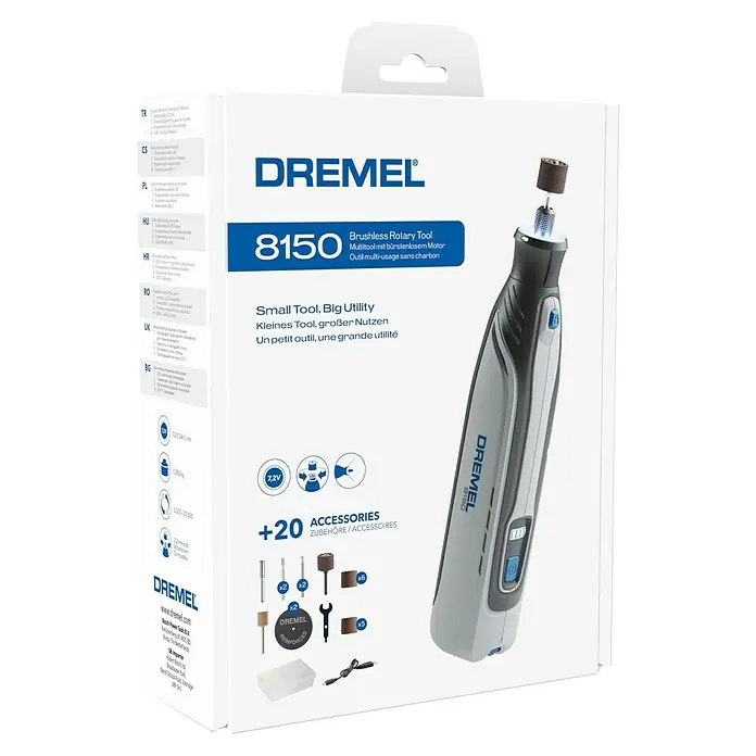 Dremel Akku-Multifunktionswerkzeug 8150-20 - 7,2 V, 1 Akku, 2 Ah - Das Dremel 8150 Akku-Multifunktionswerkzeug mit Zubehör in der Verpackung. Ideal für vielfältige DIY-Projekte mit hoher Präzision.