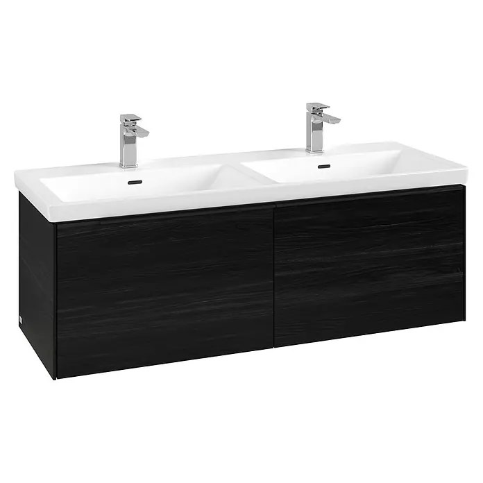 Villeroy & Boch Subway 3.0 Waschbeckenunterschrank - Black Oak, Anzahl Schubladen: 2 Stk., Farbe Griff: Volcano Black, B x T x H: 127,2 x 47,8 x 42,9 cm, Mit Beleuchtung, Geeignet für Doppelwaschtisch - Ein modernes Doppelwaschbecken mit Unterschrank in dunklem Holzdekor. Die Armaturen sind verchromt und das Becken ist in Weiß gehalten.